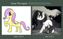 Size: 990x625 | Tagged: safe, artist:aureai, fluttershy, rarity, pegasus, pony, unicorn, art evolution, comparison, draw this again, female, mare, rain, wet, wet mane rarity