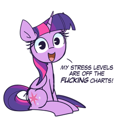 Size: 1280x1280 | Tagged: safe, artist:lilboulder, twilight sparkle, twilight sparkle (alicorn), alicorn, pony, cute, dialogue, dissonant caption, female, folded wings, looking at you, mare, open mouth, relatable, simple background, sitting, smiling, solo, stressed, subversive kawaii, talking to viewer, text, twiabetes, vulgar, white background, wide eyes