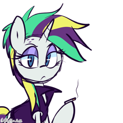 Size: 1280x1280 | Tagged: safe, artist:lilboulder, rarity, pony, unicorn, alternate hairstyle, clothes, drugs, eyeshadow, female, looking at you, makeup, mare, marijuana, punk, raripunk, simple background, smoking, solo, white background