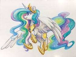 Size: 1243x941 | Tagged: safe, artist:dawnfire, princess celestia, alicorn, pony, beautiful, commission, copic, crown, cutie mark, ethereal mane, ethereal tail, female, flowing mane, flowing tail, flying, hoof shoes, jewelry, majestic, mare, marker drawing, multicolored mane, multicolored tail, open mouth, peytral, praise the sun, pretty, purple eyes, regalia, royalty, simple background, smiling, solo, sparkles, spread wings, tiara, traditional art, white background