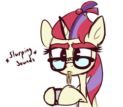 Size: 764x665 | Tagged: safe, artist:lilboulder, moondancer, pony, unicorn, descriptive noise, food, glasses, noodles, ramen, sketch, solo