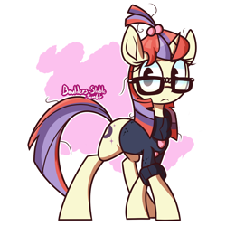 Size: 1280x1280 | Tagged: safe, artist:lilboulder, moondancer, pony, unicorn, abstract background, clothes, cute, dancerbetes, female, frown, glasses, looking at you, mare, solo, sweater