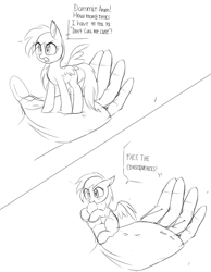 Size: 751x970 | Tagged: safe, artist:aureai-sketches, rainbow dash, oc, oc:anon, human, pegasus, pony, angry, biting, cute, dashabetes, dialogue, female, finger bite, hand, i'm not cute, in goliath's palm, micro, monochrome, nom, sketch, tiny ponies, tsunderainbow, tsundere, wings