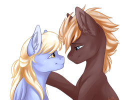 Size: 1512x1212 | Tagged: safe, artist:senpai, oc, oc only, earth pony, pegasus, pony, bust, eye contact, female, looking at each other, male, portrait, shipping, simple background, straight, transparent background, ych result