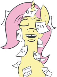 Size: 866x1166 | Tagged: safe, artist:jargon scott, artist:rusticanon, fluttershy, pony, unicorn, a+, eyes closed, hilarious in hindsight, inside joke, meme, race swap, simple background, solo, sticky note, unicorn fluttershy, white background