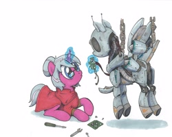 Size: 3000x2400 | Tagged: safe, artist:brisineo, oc, oc only, oc:pes-e, oc:steel cherry, pony, robot, robot pony, unicorn, fallout equestria, circuit board, duo, female, glasses, magic, mare, traditional art, wires