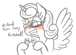 Size: 674x485 | Tagged: safe, artist:jargon scott, princess flurry heart, alicorn, pony, adorkable, blushing, cute, dork, female, flurry the shipper, flurrybetes, glasses, grin, hoof hold, like mother like daughter, mare, monochrome, nerd, nerdy heart, older, shipper on deck, simple background, smiling, solo, teenage flurry heart, teenager, white background