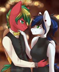 Size: 1242x1512 | Tagged: safe, artist:senpai, oc, oc only, anthro, pegasus, clothes, dancing, dress, ear piercing, female, male, neck bow, piercing, shipping, straight, suit