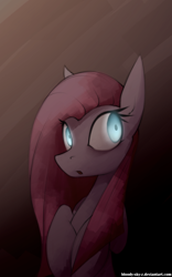 Size: 1024x1638 | Tagged: safe, artist:queenbloodysky, pinkie pie, earth pony, pony, bust, dark, glowing eyes, pinkamena diane pie, portrait, solo