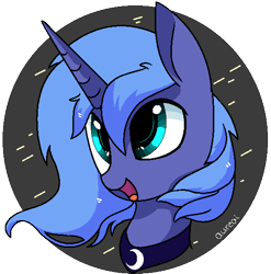 Size: 564x572 | Tagged: safe, artist:aureai, princess luna, alicorn, pony, blue eyes, blue hair, bust, female, horn, ms paint, no nose, open mouth, portrait, s1 luna, simple background, solo, transparent background