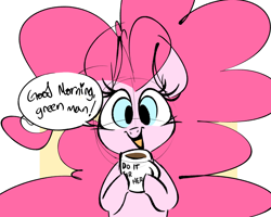 Size: 1692x1354 | Tagged: safe, artist:hattsy, pinkie pie, earth pony, pony, coffee, dialogue, do it for her, female, implied anon, looking at you, mare, meme, mug, pinkie found the coffee, smiling, solo, speech bubble