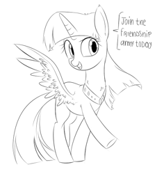 Size: 537x569 | Tagged: safe, artist:aureai-sketches, twilight sparkle, twilight sparkle (alicorn), alicorn, pony, caption, dialogue, female, monochrome, open mouth, raised hoof, simple background, sketch, smiling, solo, speech bubble, spread wings, underhoof, white background, wip