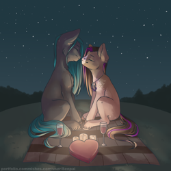 Size: 2312x2312 | Tagged: safe, artist:senpai, oc, oc only, earth pony, pony, alcohol, box of chocolates, candle, eyes closed, glass, heart shaped box, night, picnic blanket, shipping, solo, stars, unshorn fetlocks, wine, wine glass