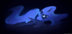 Size: 6321x3000 | Tagged: safe, artist:queenbloodysky, princess luna, alicorn, pony, absurd resolution, looking at you, prone, solo