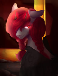 Size: 1024x1346 | Tagged: safe, artist:velirenrey, oc, oc only, demon pony, pony, braid, bust, female, mare, portrait, red eyes, solo