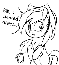 Size: 442x488 | Tagged: safe, artist:aureai-sketches, applejack, earth pony, pony, :t, apple, black and white, chest fluff, dialogue, grayscale, looking back, monochrome, simple background, sketch, solo, speech bubble, that pony sure does love apples, white background