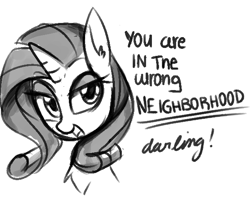 Size: 599x494 | Tagged: safe, artist:aureai-sketches, rarity, pony, unicorn, chest fluff, dialogue, grayscale, lidded eyes, looking at you, monochrome, open mouth, simple background, smiling, solo, white background, wrong neighborhood