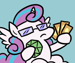 Size: 370x313 | Tagged: safe, artist:jargon scott, princess flurry heart, alicorn, pony, card, d20, dice, female, glasses, like a boss, nerd, nerdy heart, solo, sunglasses