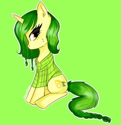 Size: 1722x1777 | Tagged: safe, artist:spurfmeow, oc, oc only, pony, unicorn, braid, braided tail, female, green background, mare, plaid shirt, simple background, sitting, solo