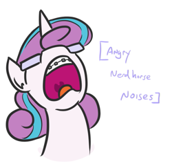 Size: 523x503 | Tagged: safe, artist:jargon scott, princess flurry heart, alicorn, pony, angry, angry horse noises, braces, bust, descriptive noise, female, glasses, horse noises, mare, nerd, nerdy heart, older, open mouth, portrait, screaming, simple background, solo, white background