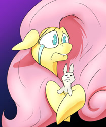 Size: 1668x2000 | Tagged: safe, artist:paleheart-arts, angel bunny, fluttershy, pegasus, pony, bust, crying, duo, floppy ears, gradient background, hoof hold, lip bite, looking at something, looking away, teary eyes