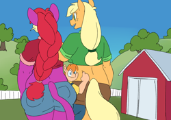 Size: 1000x700 | Tagged: safe, artist:goat train, applejack, oc, oc:butter nut, oc:pamela, anthro, earth pony, anthro oc, applebutt, ass, barn, commission, crossover, giant pony, giantess, macro, male, non-mlp oc, outdoors, pokémon, rattata, size difference, sky, smiling, the ass was fat, tree, wide hips