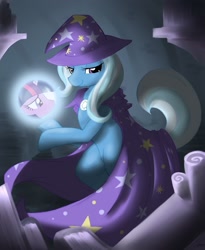 Size: 1227x1500 | Tagged: safe, artist:mirapony, trixie, twilight sparkle, pony, unicorn, acdsee, bedroom eyes, bipedal, book, bookshelf, cape, clothes, crystal ball, duo, duo female, female, frown, glow, hat, hoof hold, looking at you, mare, sad, smiling, solo focus, trixie's cape, trixie's hat