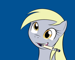 Size: 1000x800 | Tagged: safe, artist:kloudmutt, artist:pacce, derpy hooves, pegasus, pony, blue background, bust, crossover, cute, derpabetes, doctor who, female, mare, misleading thumbnail, mouth hold, open mouth, paint tool sai, portrait, silly, silly pony, simple background, smiling, solo, sonic screwdriver, tenth doctor