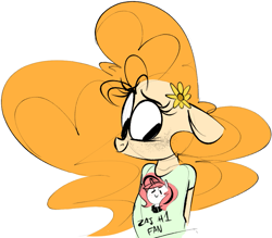 Size: 957x837 | Tagged: safe, artist:hattsy, pear butter, oc, oc:lilith, earth pony, pony, semi-anthro, clothes, female, floppy ears, flower, mare, pearlilith, shirt, simple background, smiling, solo, white background