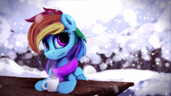 Size: 4000x2250 | Tagged: safe, artist:thefloatingtree, rainbow dash, pegasus, pony, chocolate, clothes, food, hot chocolate, scarf, snow, snowfall, solo, table, winter