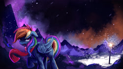 Size: 4000x2250 | Tagged: safe, artist:thefloatingtree, rainbow dash, pegasus, pony, angry, clothes, floppy ears, frown, glare, lamppost, looking back, mountain, night, open mouth, raised hoof, scarf, singing, snow, snowfall, solo, the beginner's guide, walking