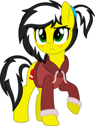 Size: 4000x5267 | Tagged: safe, artist:aureai, oc, oc only, oc:uppercute, pony, clothes, female, freckles, frown, hoodie, mare, raised hoof, simple background, solo, transparent background, vector