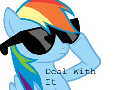 Size: 651x481 | Tagged: artist needed, source needed, safe, rainbow dash, pegasus, pony, artifact, caption, cooler, deal with it, female, image macro, mare, meme, simple background, solo, sunglasses, text, white background