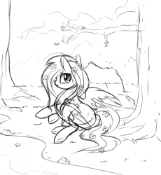 Size: 918x1000 | Tagged: safe, artist:aureai-sketches, fluttershy, pegasus, pony, black and white, cloud, female, flower, flower in hair, grayscale, happy, looking back, mare, monochrome, prone, river, scenery, sketch, smiling, solo, spread wings, tree, wings