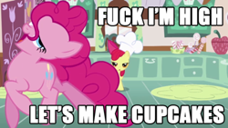 Size: 500x281 | Tagged: safe, edit, edited screencap, screencap, apple bloom, pinkie pie, earth pony, pony, call of the cutie, artifact, baking, caption, chef's hat, cupcake, drugs, duo, duo female, faic, female, filly, fuck i'm high, great moments in animation, hat, high, image macro, jumping, junkie pie, mare, meme, silly, silly pony, text, vulgar