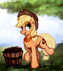 Size: 1187x1355 | Tagged: safe, artist:thefloatingtree, applejack, earth pony, pony, apple, bucket, element of honesty, female, food, fruit, grass, mare, sketch, solo, tree