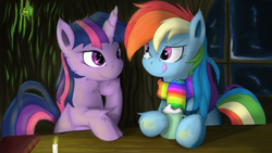 Size: 2621x1476 | Tagged: dead source, safe, artist:grumblepluck, rainbow dash, twilight sparkle, unicorn twilight, pegasus, pony, unicorn, candle, chest fluff, clothes, cute, dashabetes, female, golden oaks library, hot chocolate, lesbian, library, mare, photoshop, scarf, shipping, twiabetes, twidash, wallpaper