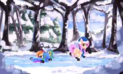 Size: 3726x2250 | Tagged: safe, artist:thefloatingtree, fluttershy, rainbow dash, pegasus, pony, beanie, clothes, cute, female, forest, frown, hat, ice, ice skating, mare, prone, raised hoof, raised leg, scenery, sliding, smiling, snow, tree, wide eyes, winter