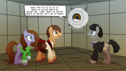 Size: 900x506 | Tagged: safe, artist:lissystrata, doctor whooves, earth pony, pony, robot, blouse, bowtie, clothes, crossover, cynic, dialogue, doctor who, female, freedom fighters, frock coat, jamie mccrimmon, jumper, kilt, male, mare, patrick troughton, personality core, ponified, portal (valve), rebels, second doctor, shirt, signature, space core, stallion, tartan, victoria waterfield