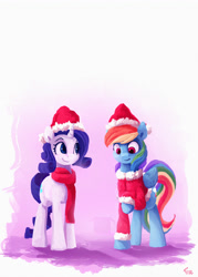 Size: 3150x4388 | Tagged: safe, artist:thefloatingtree, rainbow dash, rarity, pegasus, pony, unicorn, christmas, clothes, female, hat, holiday, mare, raised hoof, santa hat, scarf, smiling