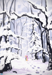 Size: 2250x3266 | Tagged: safe, artist:thefloatingtree, fluttershy, pegasus, pony, clothes, female, forest, high res, mare, scarf, smiling, snow, solo, tree, winter