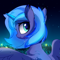 Size: 590x590 | Tagged: safe, artist:aureai, princess luna, alicorn, firefly (insect), pony, bust, chest fluff, cute, ear fluff, female, filly, happy, looking at you, looking back, looking back at you, lunabetes, night, s1 luna, sketch, smiling, solo, spread wings, starry night, stars, wing fluff, wings, woona, younger