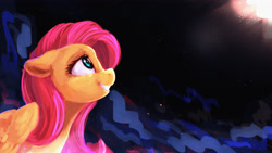 Size: 4800x2700 | Tagged: safe, artist:thefloatingtree, fluttershy, pegasus, pony, bust, female, floppy ears, looking up, mare, night, profile, sky, smiling, solo, stargazing, stars