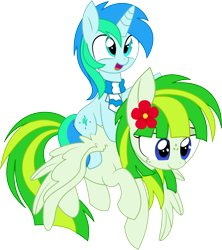 Size: 6021x6782 | Tagged: safe, artist:aureai, artist:cyanlightning, oc, oc only, oc:cyan lightning, oc:green lightning, pegasus, pony, unicorn, .svg available, 2018 community collab, absurd resolution, clothes, colt, cute, derpibooru community collaboration, duo, female, flower, flower in hair, flying, lidded eyes, male, mare, mother and child, mother and son, ocbetes, open mouth, parent and child, ponies riding ponies, scarf, simple background, smiling, spread wings, transparent background, vector, wings