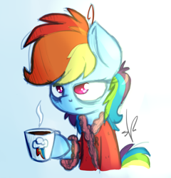 Size: 1200x1250 | Tagged: safe, artist:shinodage, rainbow dash, pegasus, pony, bags under eyes, clothes, coffee, morning ponies, robe, sleepy, solo