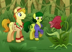 Size: 648x470 | Tagged: safe, artist:lissystrata, doctor whooves, earth pony, pony, celery, clothes, doctor who, duo, female, fifth doctor, frock coat, jumper, jungle, male, mare, panama hat, peri brown, peter davison, photoshop, plant, ponified, shirt, stallion