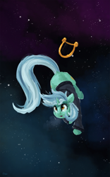 Size: 2365x3790 | Tagged: safe, artist:thefloatingtree, lyra heartstrings, pony, unicorn, fanfic:background pony, clothes, female, floating, hoodie, lyre, mare, solo, space