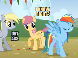 Size: 675x500 | Tagged: safe, edit, edited screencap, screencap, derpy hooves, dizzy twister, orange swirl, rainbow dash, pegasus, pony, fall weather friends, background pony, dat butt, female, mare, meme, strutting, trio, trio female, underp, vulgar