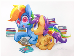 Size: 1298x989 | Tagged: safe, artist:dawnfire, rainbow dash, scootaloo, pegasus, pony, book, cute, cutealoo, dashabetes, duo, female, filly, mare, marker drawing, reading, scootalove, simple background, traditional art