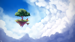 Size: 4000x2250 | Tagged: safe, artist:thefloatingtree, oc, oc only, pony, clothes, cloud, female, floating, floating island, island, mare, raised hoof, scarf, solo, tree, wallpaper